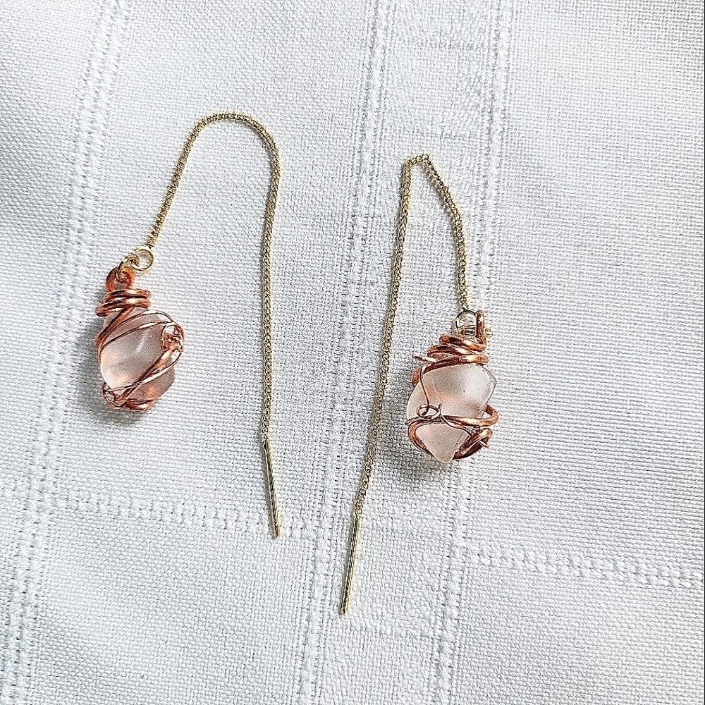 18K Gold Plated Brass Sea glass Threader Dainty Earrings - Picture 2 of 2